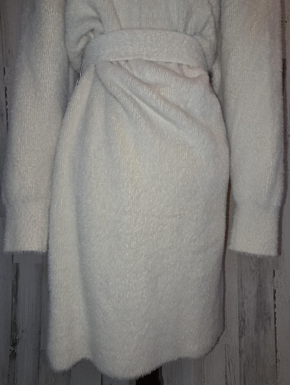Express Fuzzy Eyelash Knit Sweater Dress Ivory Belted V-Neck Long Sleeve NWT L - Picture 5 of 12